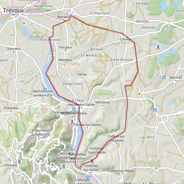 Mapa miniatúra "Gravel Tour around Fontaines-Saint-Martin" cyklistická inšpirácia v Rhône-Alpes, France. Vygenerované cyklistickým plánovačom trás Tarmacs.app