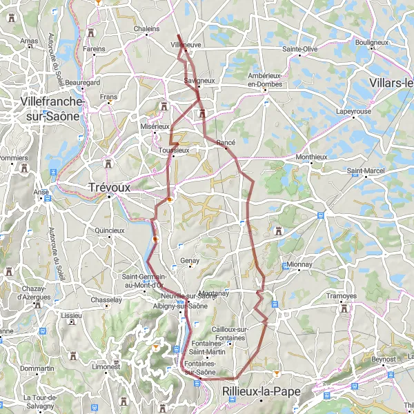 Miniature de la carte de l'inspiration cycliste "Aventure en gravier près de Fontaines-Saint-Martin" dans la Rhône-Alpes, France. Générée par le planificateur d'itinéraire cycliste Tarmacs.app