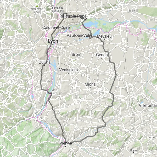 Miniatuurkaart van de fietsinspiratie "Fietsroute rond Fontaines-Saint-Martin via Vienne en Lyon" in Rhône-Alpes, France. Gemaakt door de Tarmacs.app fietsrouteplanner