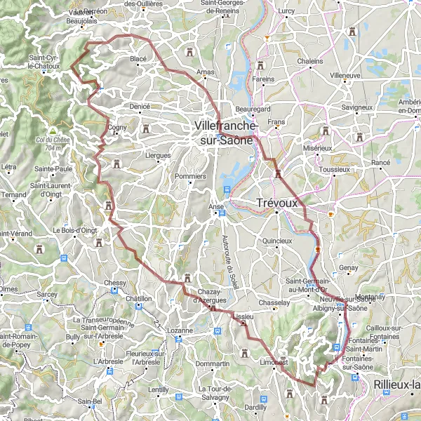 Miniaturekort af cykelinspirationen "Grusvej Cykling til Mont Narcel og Villefranche-sur-Saône" i Rhône-Alpes, France. Genereret af Tarmacs.app cykelruteplanlægger