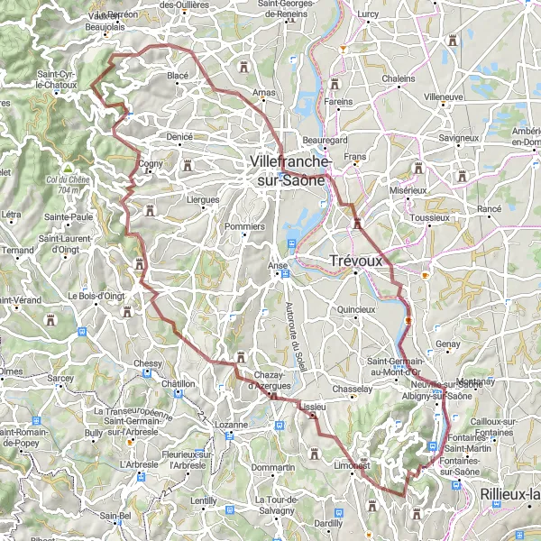 Miniatuurkaart van de fietsinspiratie "Gravelavontuur door de natuur" in Rhône-Alpes, France. Gemaakt door de Tarmacs.app fietsrouteplanner