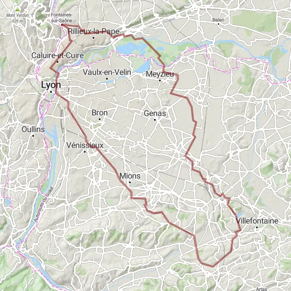 Map miniature of "Gravel Adventure through Neyron and Lyon" cycling inspiration in Rhône-Alpes, France. Generated by Tarmacs.app cycling route planner