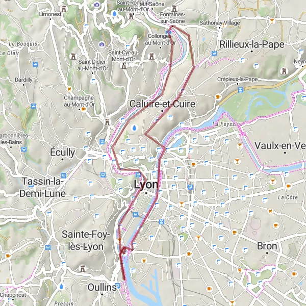 Map miniature of "Scenic Gravel Route through Lyon's Landmarks" cycling inspiration in Rhône-Alpes, France. Generated by Tarmacs.app cycling route planner