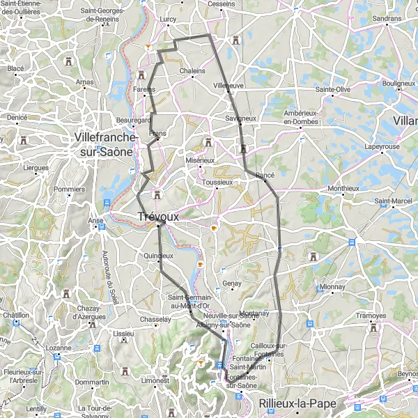 Mapa miniatúra "Road cyklistická trasa na východ od Fontaines-sur-Saône" cyklistická inšpirácia v Rhône-Alpes, France. Vygenerované cyklistickým plánovačom trás Tarmacs.app