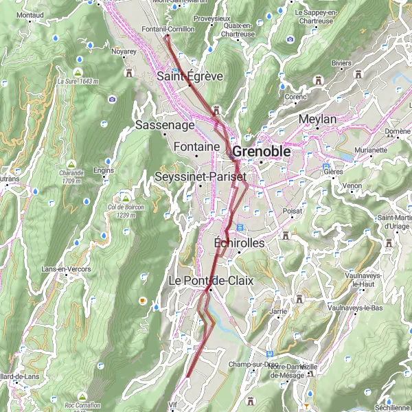 Mapa miniatúra "Gravelová cyklistická trasa okolo Fontanil-Cornillon" cyklistická inšpirácia v Rhône-Alpes, France. Vygenerované cyklistickým plánovačom trás Tarmacs.app