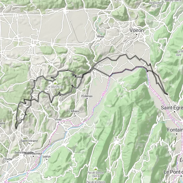 Miniatua del mapa de inspiración ciclista "Ruta en Carretera desde Fontanil-Cornillon" en Rhône-Alpes, France. Generado por Tarmacs.app planificador de rutas ciclistas