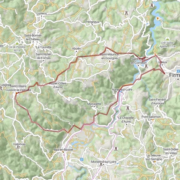 Miniatura della mappa di ispirazione al ciclismo "Avventuroso giro in bicicletta tra Aurec-sur-Loire e Saint-Paul-en-Cornillon" nella regione di Rhône-Alpes, France. Generata da Tarmacs.app, pianificatore di rotte ciclistiche