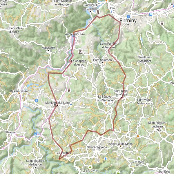 Mapa miniatúra "Scenic gravel route starting from Fraisses" cyklistická inšpirácia v Rhône-Alpes, France. Vygenerované cyklistickým plánovačom trás Tarmacs.app