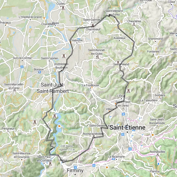 Miniaturní mapa "Cyklotrasa Unieux - Roche-la-Molière" inspirace pro cyklisty v oblasti Rhône-Alpes, France. Vytvořeno pomocí plánovače tras Tarmacs.app