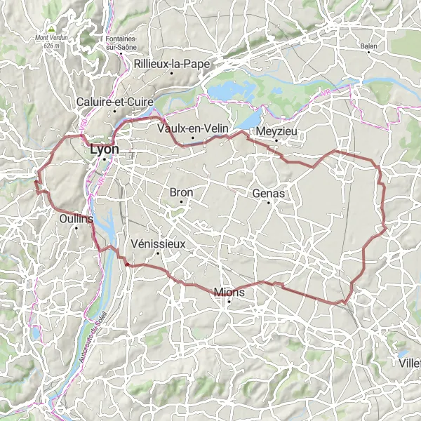 Mapa miniatúra "Gravelová cesta cez okolie Lyonu" cyklistická inšpirácia v Rhône-Alpes, France. Vygenerované cyklistickým plánovačom trás Tarmacs.app