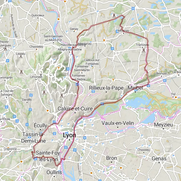 Miniaturní mapa "Okružní cyklistická trasa Le Belvédère et les lanternes de l'île Barbe - Sainte-Foy-lès-Lyon" inspirace pro cyklisty v oblasti Rhône-Alpes, France. Vytvořeno pomocí plánovače tras Tarmacs.app