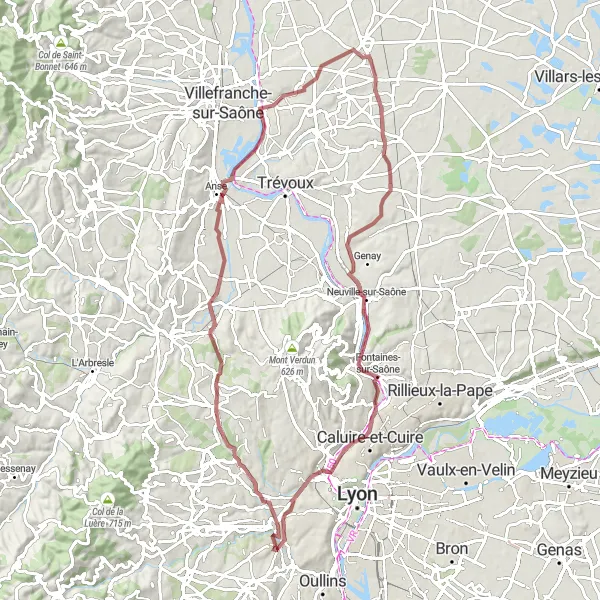 Map miniature of "The Gravel Ride to Charbonnières-les-Bains" cycling inspiration in Rhône-Alpes, France. Generated by Tarmacs.app cycling route planner