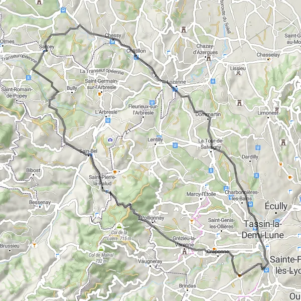 Mapa miniatúra "Cyklotúra cez Craponne a Dommartin" cyklistická inšpirácia v Rhône-Alpes, France. Vygenerované cyklistickým plánovačom trás Tarmacs.app