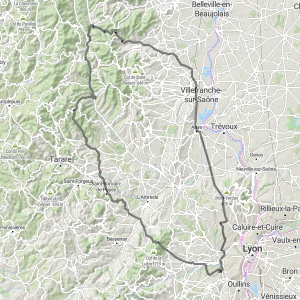 Mapa miniatúra "Keď sa bicykel stretne s asfaltom" cyklistická inšpirácia v Rhône-Alpes, France. Vygenerované cyklistickým plánovačom trás Tarmacs.app