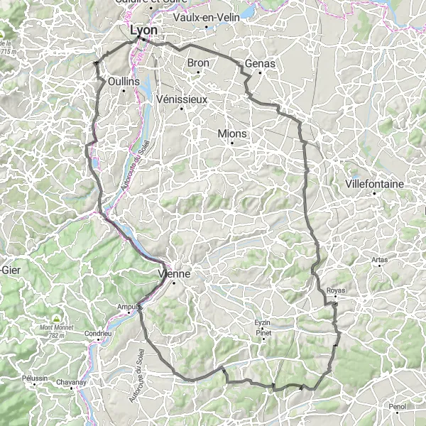 Mapa miniatúra "Okruhová cyklistická trasa cez Lyon" cyklistická inšpirácia v Rhône-Alpes, France. Vygenerované cyklistickým plánovačom trás Tarmacs.app