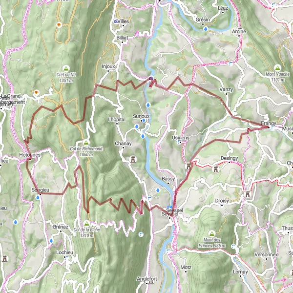 Miniatua del mapa de inspiración ciclista "Ruta de ciclismo de grava desde Frangy al Barrage" en Rhône-Alpes, France. Generado por Tarmacs.app planificador de rutas ciclistas