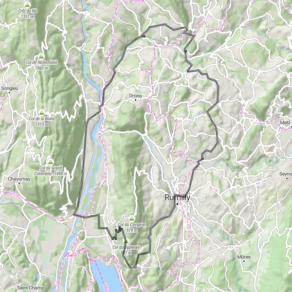 Map miniature of "Frangy to Musièges Round-Trip" cycling inspiration in Rhône-Alpes, France. Generated by Tarmacs.app cycling route planner