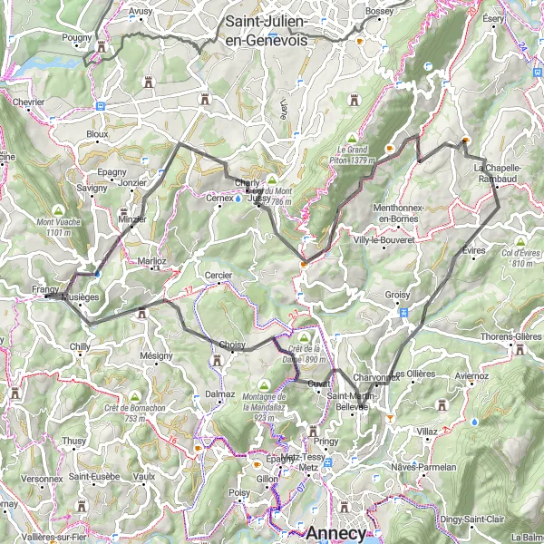Miniatura della mappa di ispirazione al ciclismo "Tour in bici da Frangy a Charvonnex" nella regione di Rhône-Alpes, France. Generata da Tarmacs.app, pianificatore di rotte ciclistiche