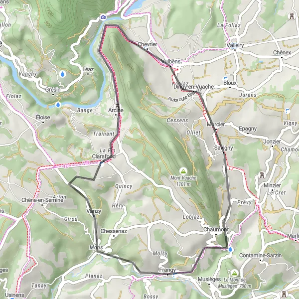 Map miniature of "Frangy to Chessenaz Loop" cycling inspiration in Rhône-Alpes, France. Generated by Tarmacs.app cycling route planner