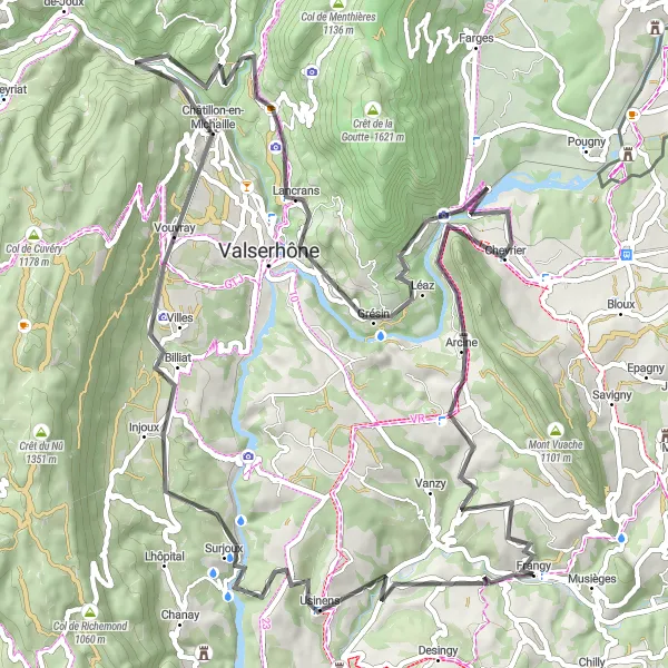 Miniatua del mapa de inspiración ciclista "Ruta de ciclismo de carretera Frangy-Surjoux" en Rhône-Alpes, France. Generado por Tarmacs.app planificador de rutas ciclistas