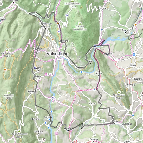 Karttaminiaatyyri "Frangy - Surjoux - Billiat - Montanges - Pont des Pierres - Bellegarde-sur-Valserine - Chevrier - Golet du Pey - Moisy" pyöräilyinspiraatiosta alueella Rhône-Alpes, France. Luotu Tarmacs.app pyöräilyreittisuunnittelijalla