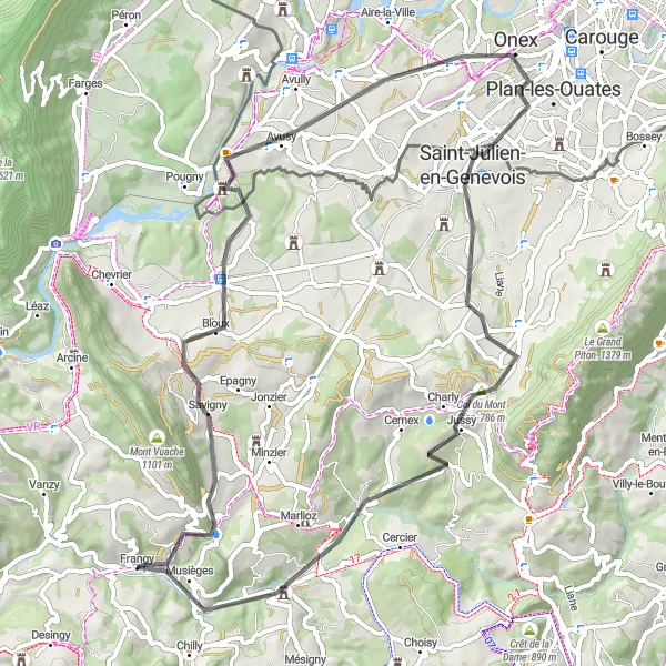 Karttaminiaatyyri "Frangy - Dingy-en-Vuache - Avusy - Le Signal - Saint-Julien-en-Genevois - Col du Mont Sion - Sallenôves - Frangy" pyöräilyinspiraatiosta alueella Rhône-Alpes, France. Luotu Tarmacs.app pyöräilyreittisuunnittelijalla