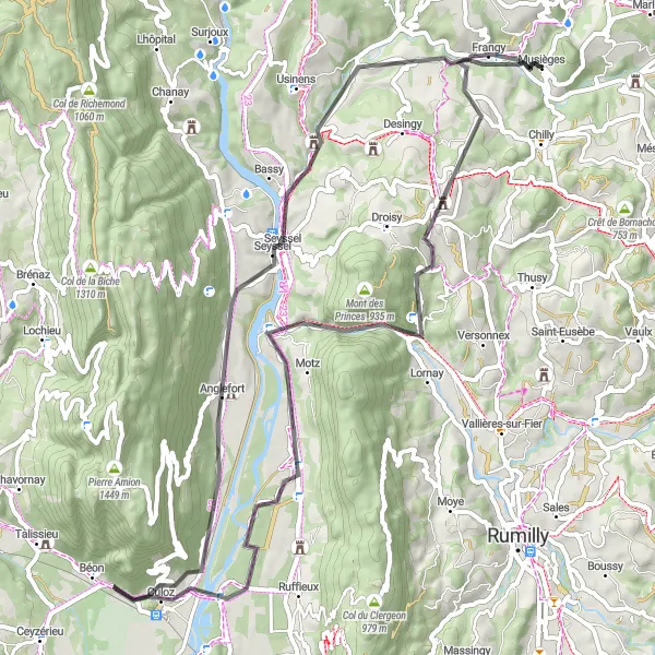 Mapa miniatúra "Frangy, Mont Pély, Serrières-en-Chautagne" cyklistická inšpirácia v Rhône-Alpes, France. Vygenerované cyklistickým plánovačom trás Tarmacs.app