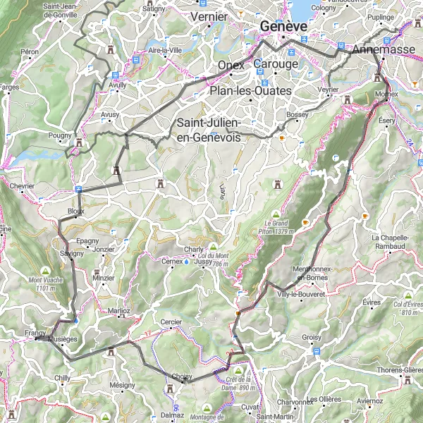 Map miniature of "Valleiry to Sallenôves Loop" cycling inspiration in Rhône-Alpes, France. Generated by Tarmacs.app cycling route planner