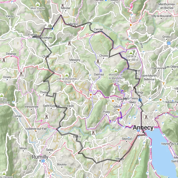 Map miniature of "Frangy to Hauteville-sur-Fier" cycling inspiration in Rhône-Alpes, France. Generated by Tarmacs.app cycling route planner