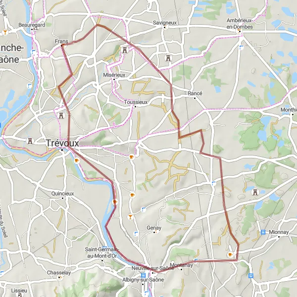 Miniaturní mapa "Okruh kolem Frans (šotolinová cesta)" inspirace pro cyklisty v oblasti Rhône-Alpes, France. Vytvořeno pomocí plánovače tras Tarmacs.app