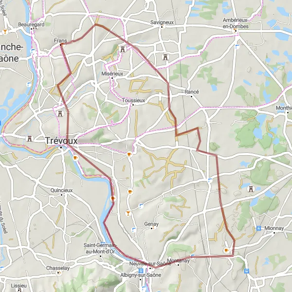 Miniatura della mappa di ispirazione al ciclismo "Panorama della Terrazza e Ars-sur-Formans" nella regione di Rhône-Alpes, France. Generata da Tarmacs.app, pianificatore di rotte ciclistiche