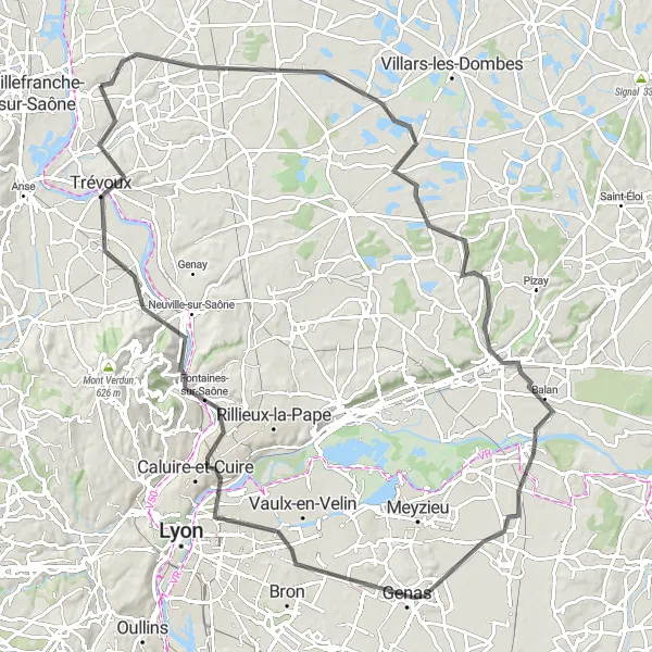 Miniaturní mapa "Okruh kolem Frans: Kolem Dombes" inspirace pro cyklisty v oblasti Rhône-Alpes, France. Vytvořeno pomocí plánovače tras Tarmacs.app