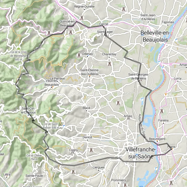 Map miniature of "The Beaujolais Adventure" cycling inspiration in Rhône-Alpes, France. Generated by Tarmacs.app cycling route planner