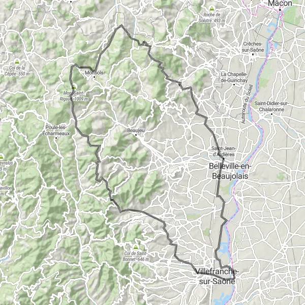 Map miniature of "Beaujolais Mountain Challenge" cycling inspiration in Rhône-Alpes, France. Generated by Tarmacs.app cycling route planner