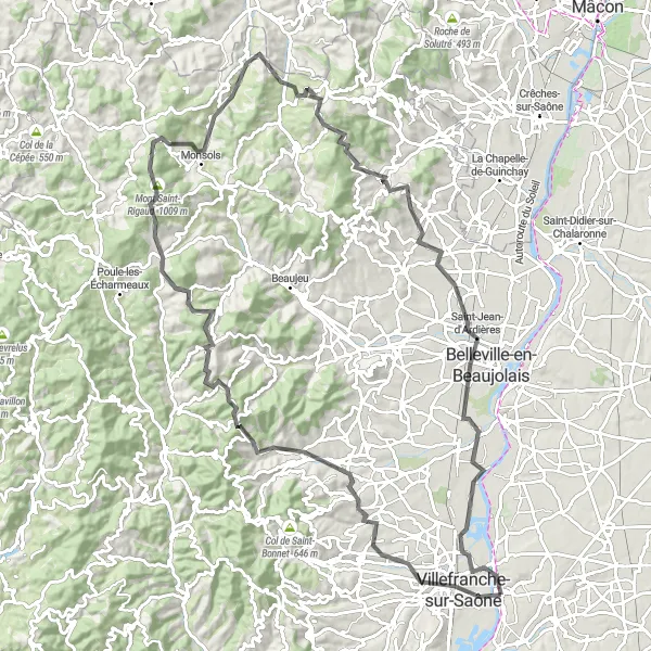 Miniatuurkaart van de fietsinspiratie "Bergachtige uitdaging in Beaujolais" in Rhône-Alpes, France. Gemaakt door de Tarmacs.app fietsrouteplanner