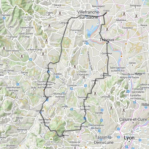Map miniature of "The Treasures of Rhône" cycling inspiration in Rhône-Alpes, France. Generated by Tarmacs.app cycling route planner