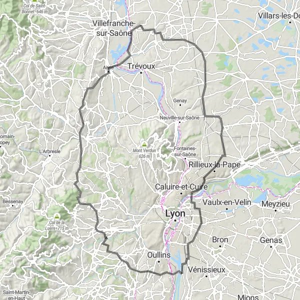 Zemljevid v pomanjšavi "Saint-Genis-Laval do Jassans-Riottier" kolesarske inspiracije v Rhône-Alpes, France. Generirano z načrtovalcem kolesarskih poti Tarmacs.app