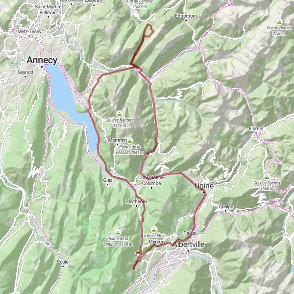 Miniatura della mappa di ispirazione al ciclismo "Giro in bicicletta intorno a Frontenex" nella regione di Rhône-Alpes, France. Generata da Tarmacs.app, pianificatore di rotte ciclistiche