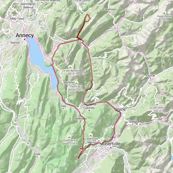 Miniatuurkaart van de fietsinspiratie "Gravelavontuur naar Ugine en Thônes" in Rhône-Alpes, France. Gemaakt door de Tarmacs.app fietsrouteplanner