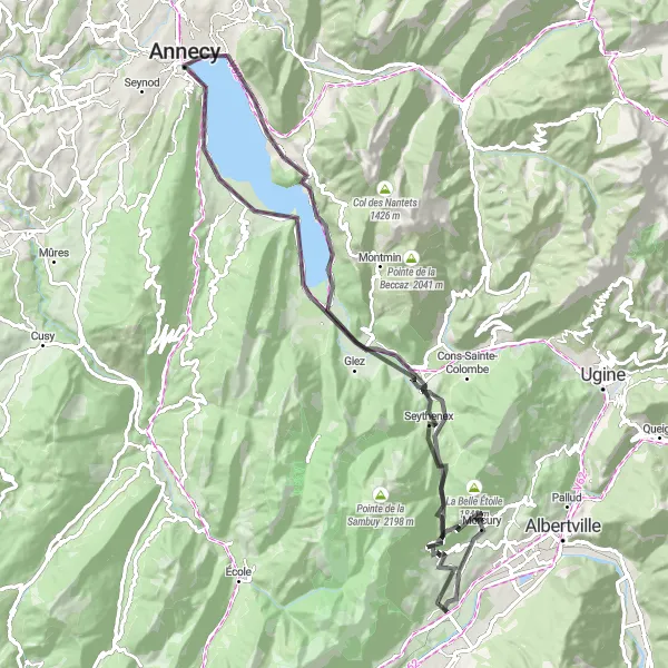 Miniatua del mapa de inspiración ciclista "Ruta de ciclismo Frontenex - Plancherine - Roc de Viuz - Doussard - Visitation - Veyrier-du-Lac - Belvédère du Bois des Hêtres - Seythenex - Col de Tamié - Château de Chevron" en Rhône-Alpes, France. Generado por Tarmacs.app planificador de rutas ciclistas