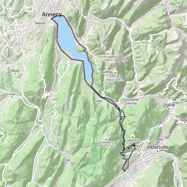 Zemljevid v pomanjšavi "Kolesarska tura Frontenex - Plancherine - Roc de Viuz - Doussard - Visitation - Veyrier-du-Lac - Belvédère du Bois des Hêtres - Seythenex - Col de Tamié - Château de Chevron" kolesarske inspiracije v Rhône-Alpes, France. Generirano z načrtovalcem kolesarskih poti Tarmacs.app