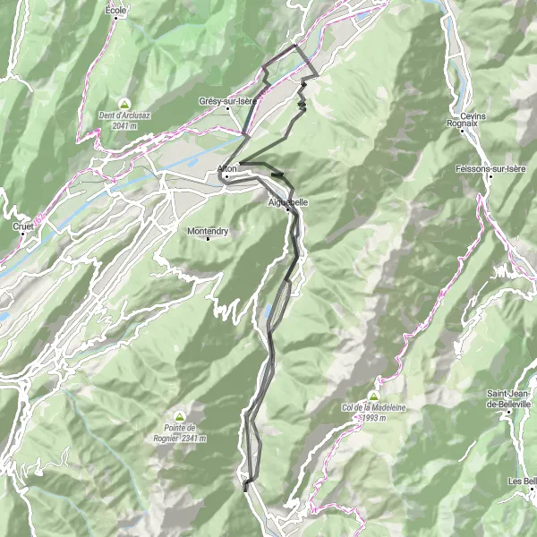Miniatua del mapa de inspiración ciclista "Ruta de ciclismo Frontenex - Bonvillaret - Les Chavannes-en-Maurienne - Saint-Pierre-de-Belleville - Montailleur" en Rhône-Alpes, France. Generado por Tarmacs.app planificador de rutas ciclistas