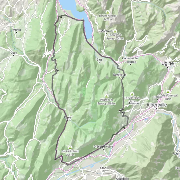 Miniatuurkaart van de fietsinspiratie "Frontenex naar Bellecombe-en-Bauges en terug" in Rhône-Alpes, France. Gemaakt door de Tarmacs.app fietsrouteplanner