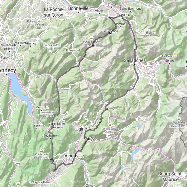 Miniatura della mappa di ispirazione al ciclismo "Giro in bicicletta attraverso i Colli della Savoia" nella regione di Rhône-Alpes, France. Generata da Tarmacs.app, pianificatore di rotte ciclistiche
