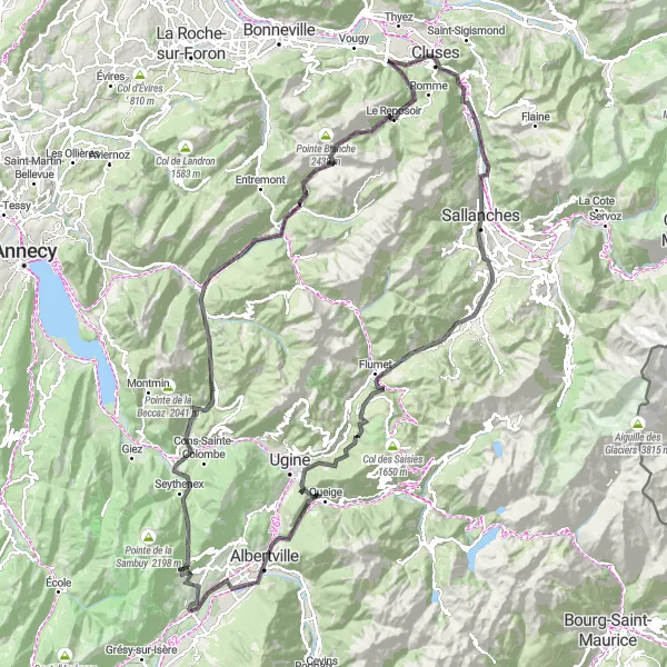 Miniature de la carte de l'inspiration cycliste "Boucle du Col de la Colombière et du Reposoir" dans la Rhône-Alpes, France. Générée par le planificateur d'itinéraire cycliste Tarmacs.app