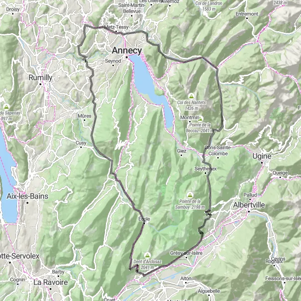 Karttaminiaatyyri "Pyöräilyreitti Frontenexista Belledonnesin ja Combe de Savoien yli" pyöräilyinspiraatiosta alueella Rhône-Alpes, France. Luotu Tarmacs.app pyöräilyreittisuunnittelijalla