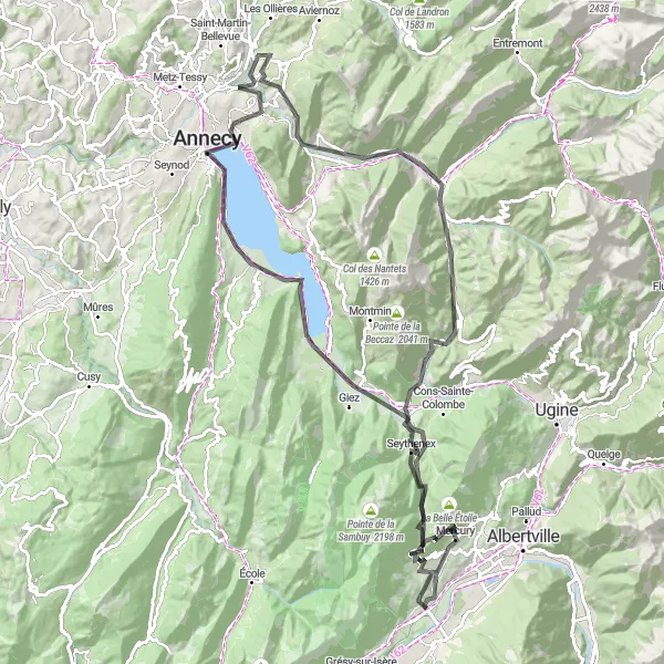 Miniatua del mapa de inspiración ciclista "Ruta de ciclismo de carretera a Annecy y Thônes" en Rhône-Alpes, France. Generado por Tarmacs.app planificador de rutas ciclistas