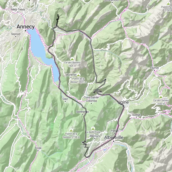 Mapa miniatúra "Po stopách Albertville" cyklistická inšpirácia v Rhône-Alpes, France. Vygenerované cyklistickým plánovačom trás Tarmacs.app