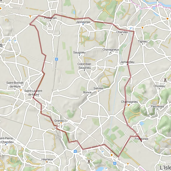 Zemljevid v pomanjšavi "Kolesarjenje po makadamu od Frontonasa do Chamagnieua" kolesarske inspiracije v Rhône-Alpes, France. Generirano z načrtovalcem kolesarskih poti Tarmacs.app