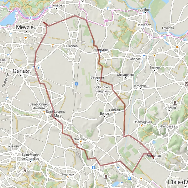 Map miniature of "Picturesque Gravel Ride: Frontonas to Janneyrias" cycling inspiration in Rhône-Alpes, France. Generated by Tarmacs.app cycling route planner